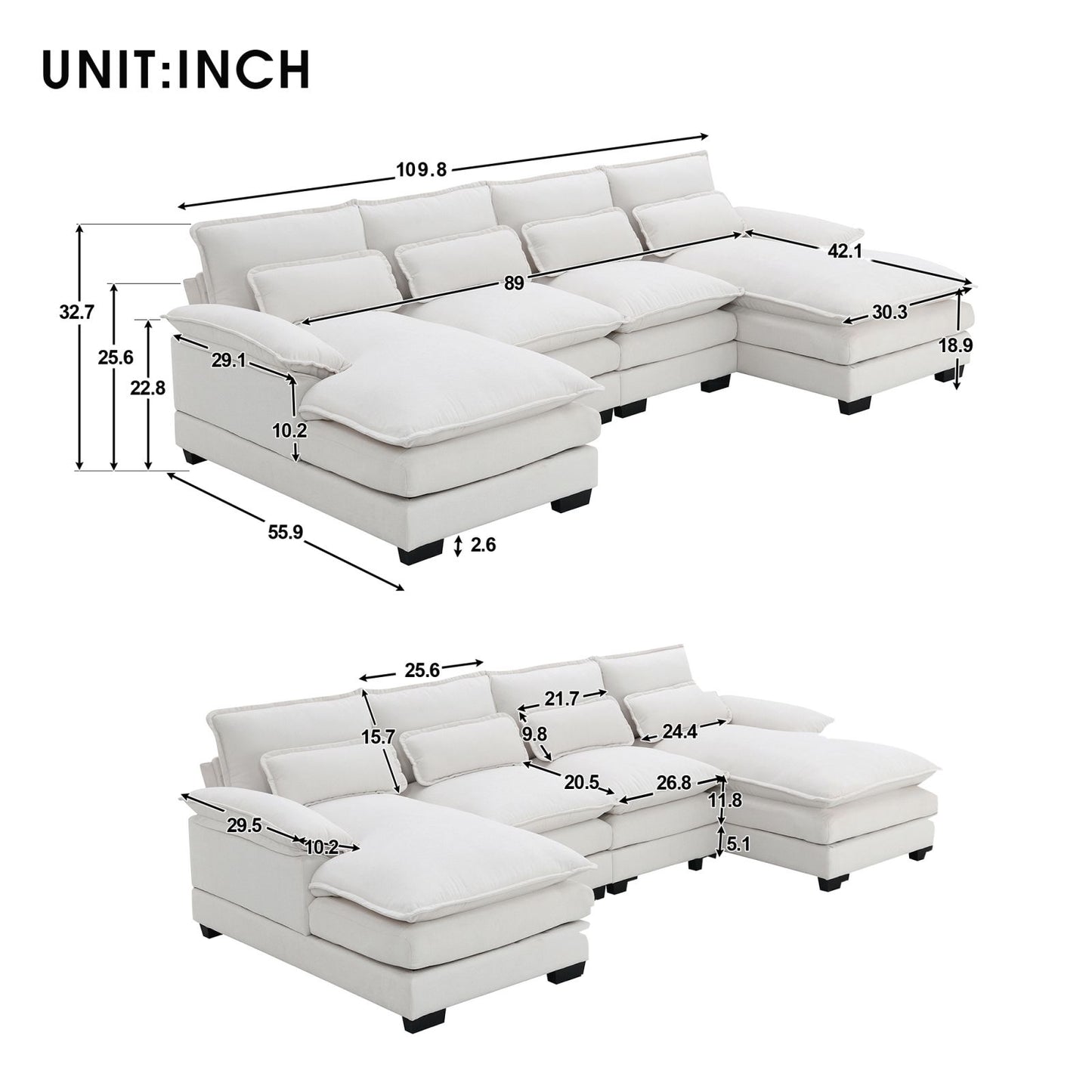 Melysen 109.8*55.9" Modern U-shaped Sectional Sofa with Waist Pillows,6-seat Upholstered Symmetrical Sofa Furniture,Sleeper Sofa Couch with Chaise Lounge for Living Room,Apartment,2 Color