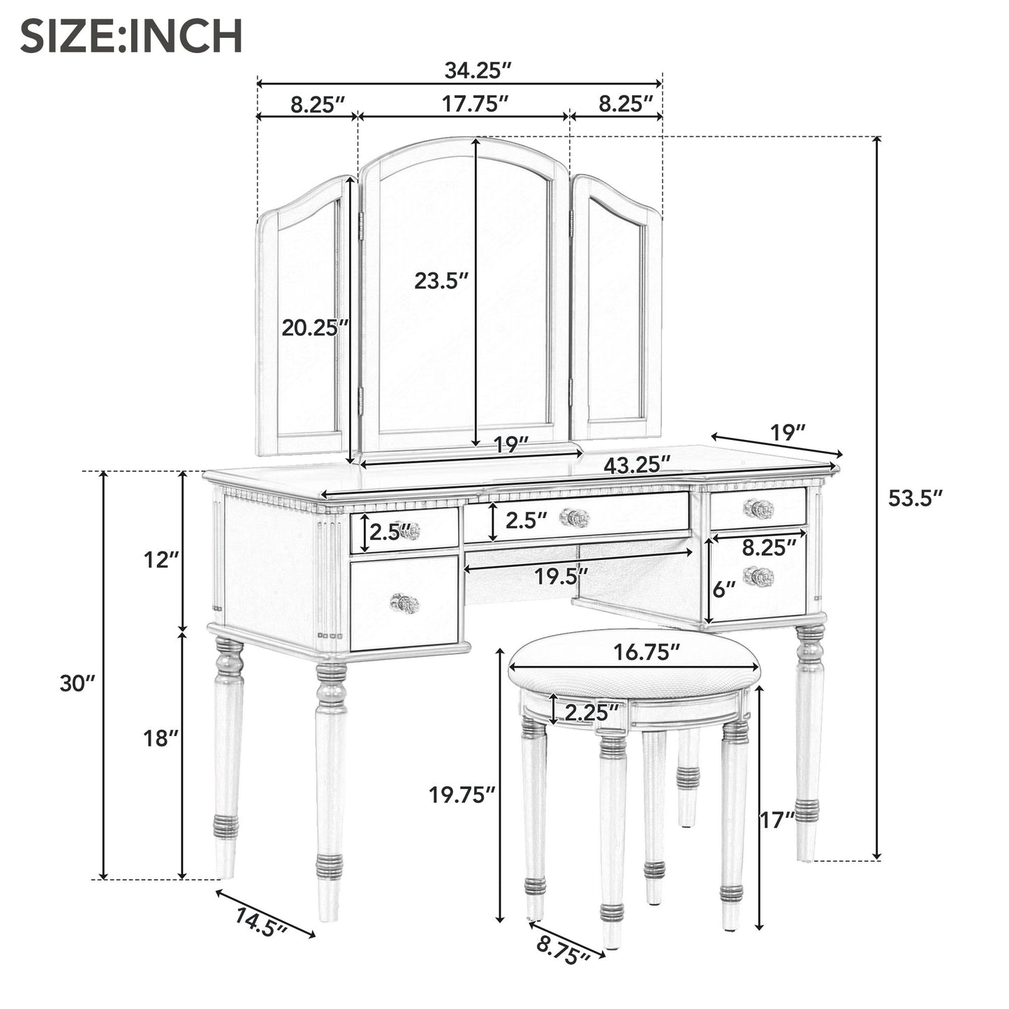 Melysen 43" Dressing Table Set with Mirrored Drawers and Stool, Tri-fold Mirror, Makeup Vanity Set for Bedroom, Silver