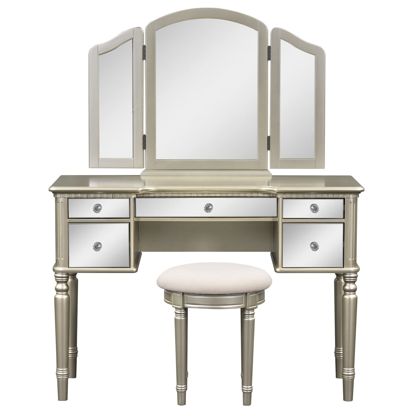 Melysen 43" Dressing Table Set with Mirrored Drawers and Stool, Tri-fold Mirror, Makeup Vanity Set for Bedroom, Gold