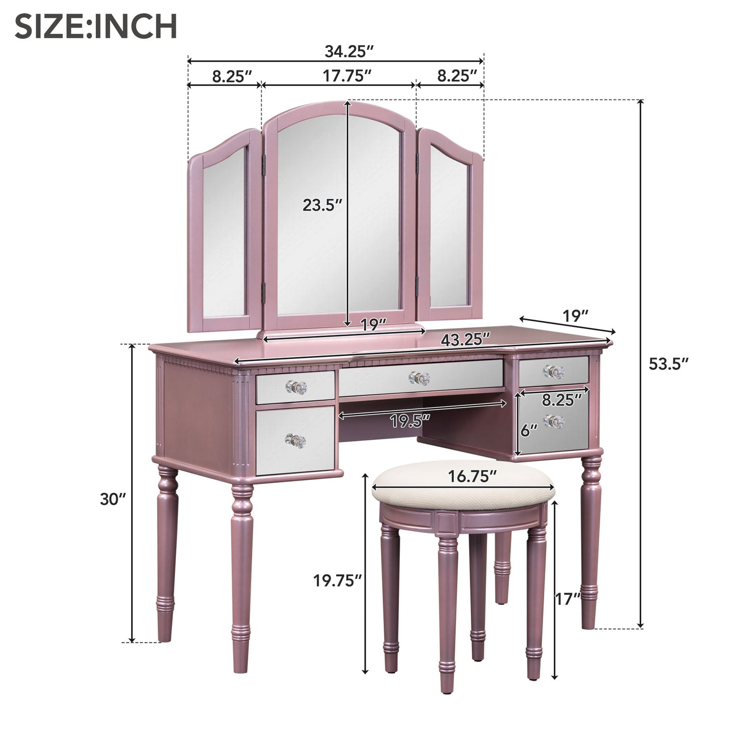 Melysen 43" Dressing Table Set with Mirrored Drawers and Stool, Tri-fold Mirror, Makeup Vanity Set for Bedroom, Rose Gold