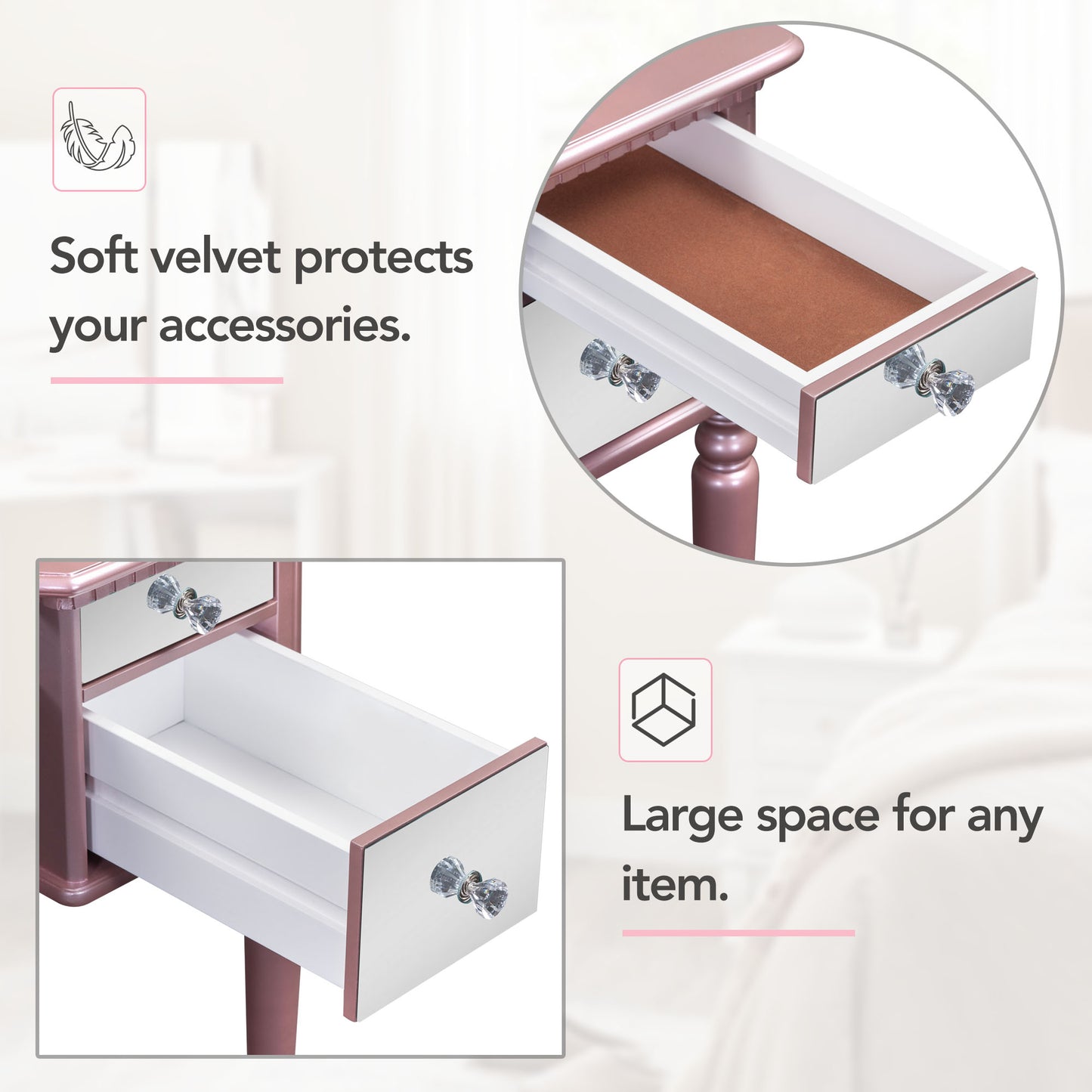 Melysen 43" Dressing Table Set with Mirrored Drawers and Stool, Tri-fold Mirror, Makeup Vanity Set for Bedroom, Rose Gold