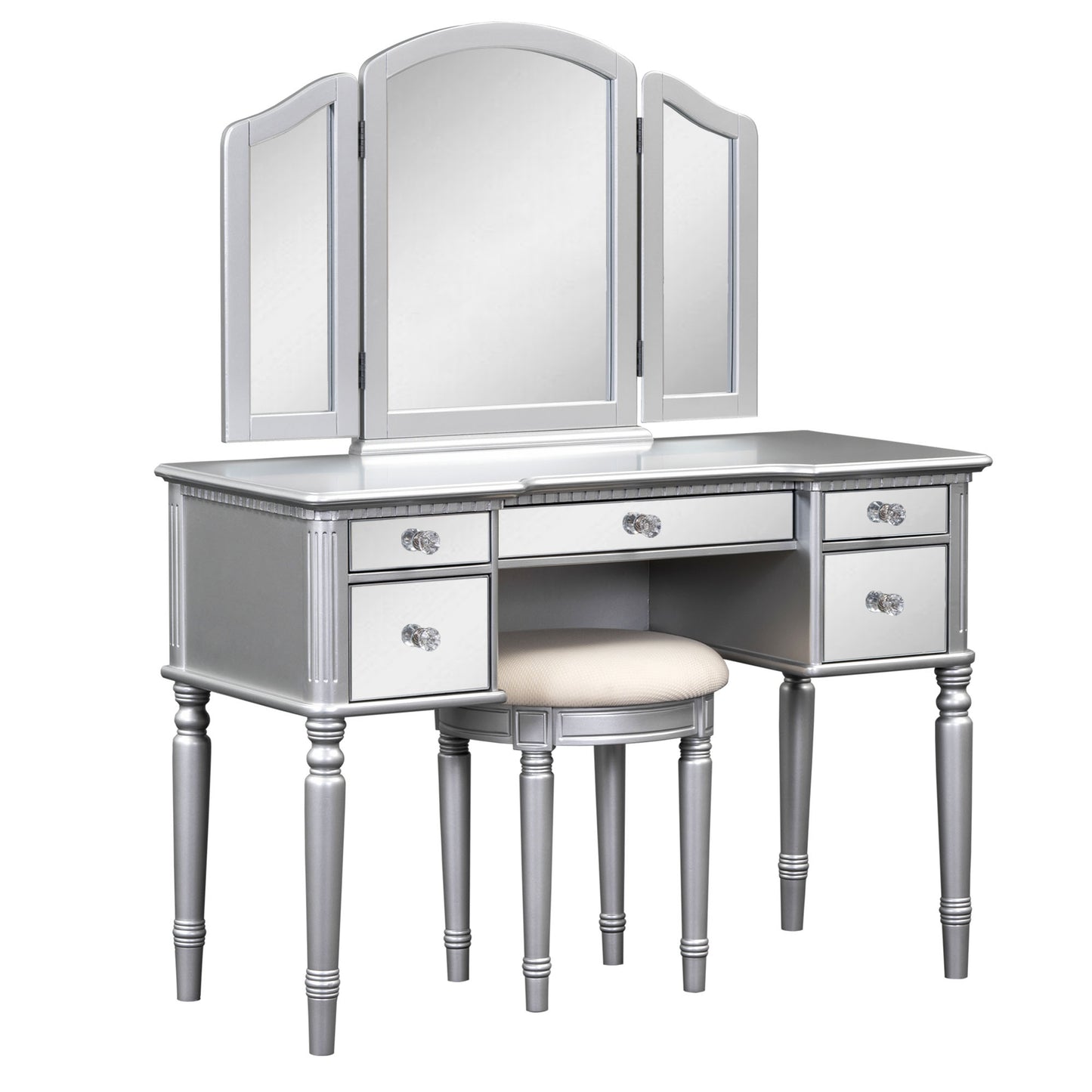 Melysen 43" Dressing Table Set with Mirrored Drawers and Stool, Tri-fold Mirror, Makeup Vanity Set for Bedroom, Silver