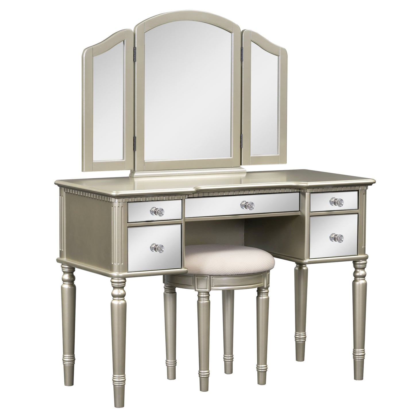 Melysen 43" Dressing Table Set with Mirrored Drawers and Stool, Tri-fold Mirror, Makeup Vanity Set for Bedroom, Gold