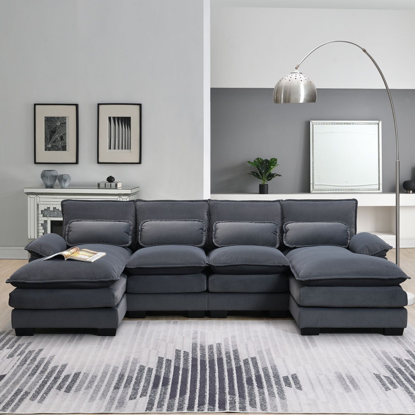 Melysen 109.8*55.9" Modern U-shaped Sectional Sofa with Waist Pillows,6-seat Upholstered Symmetrical Sofa Furniture,Sleeper Sofa Couch with Chaise Lounge for Living Room,Apartment,2 Color