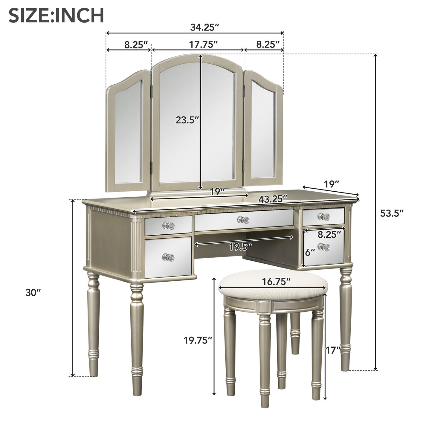 Melysen 43" Dressing Table Set with Mirrored Drawers and Stool, Tri-fold Mirror, Makeup Vanity Set for Bedroom, Gold