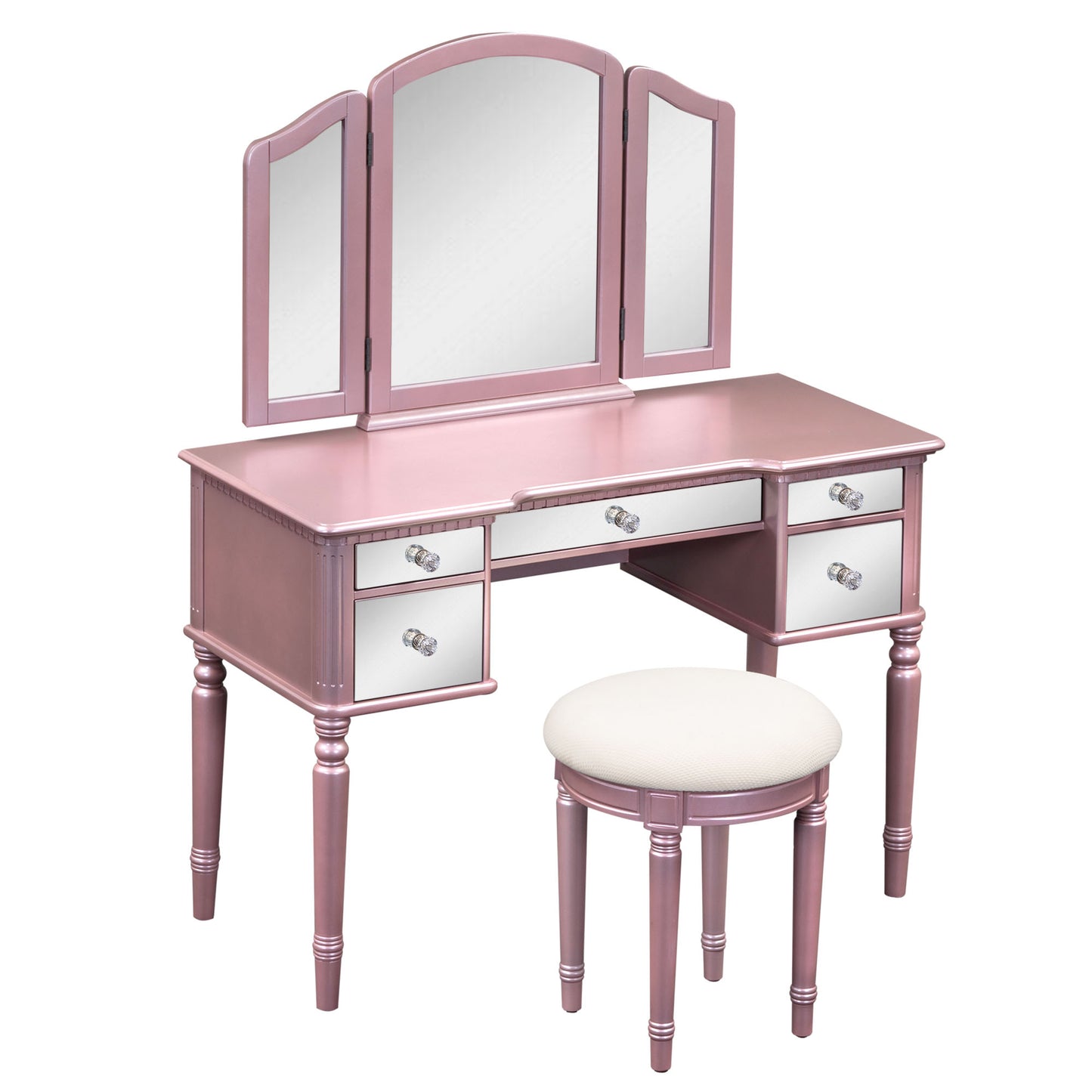 Melysen 43" Dressing Table Set with Mirrored Drawers and Stool, Tri-fold Mirror, Makeup Vanity Set for Bedroom, Rose Gold