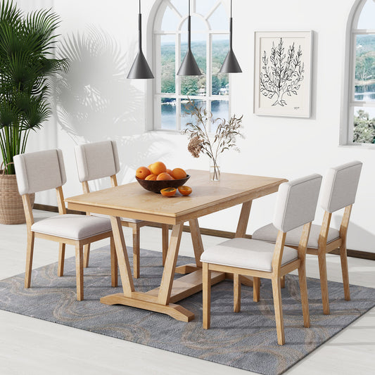 Melysen Rustic 5-piece Dining Table Set with 4 Upholstered Chairs, 59-inch Rectangular Dining Table with Trestle Table Base,Naural