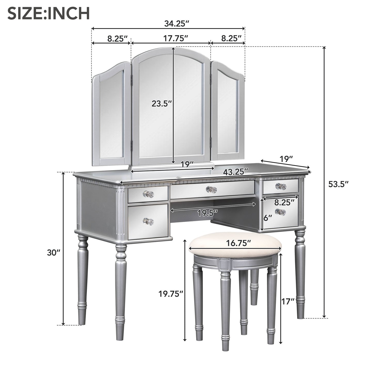 Melysen 43" Dressing Table Set with Mirrored Drawers and Stool, Tri-fold Mirror, Makeup Vanity Set for Bedroom, Silver