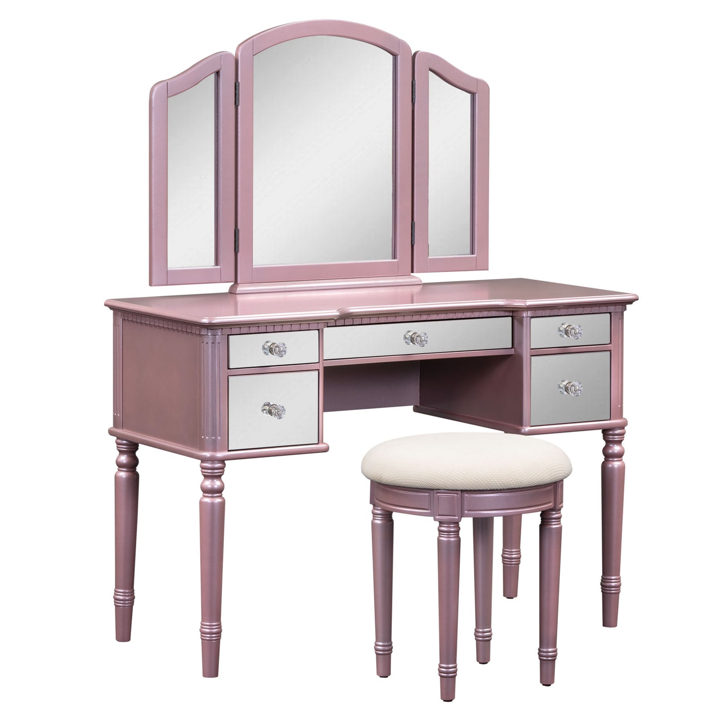 Melysen 43" Dressing Table Set with Mirrored Drawers and Stool, Tri-fold Mirror, Makeup Vanity Set for Bedroom, Rose Gold