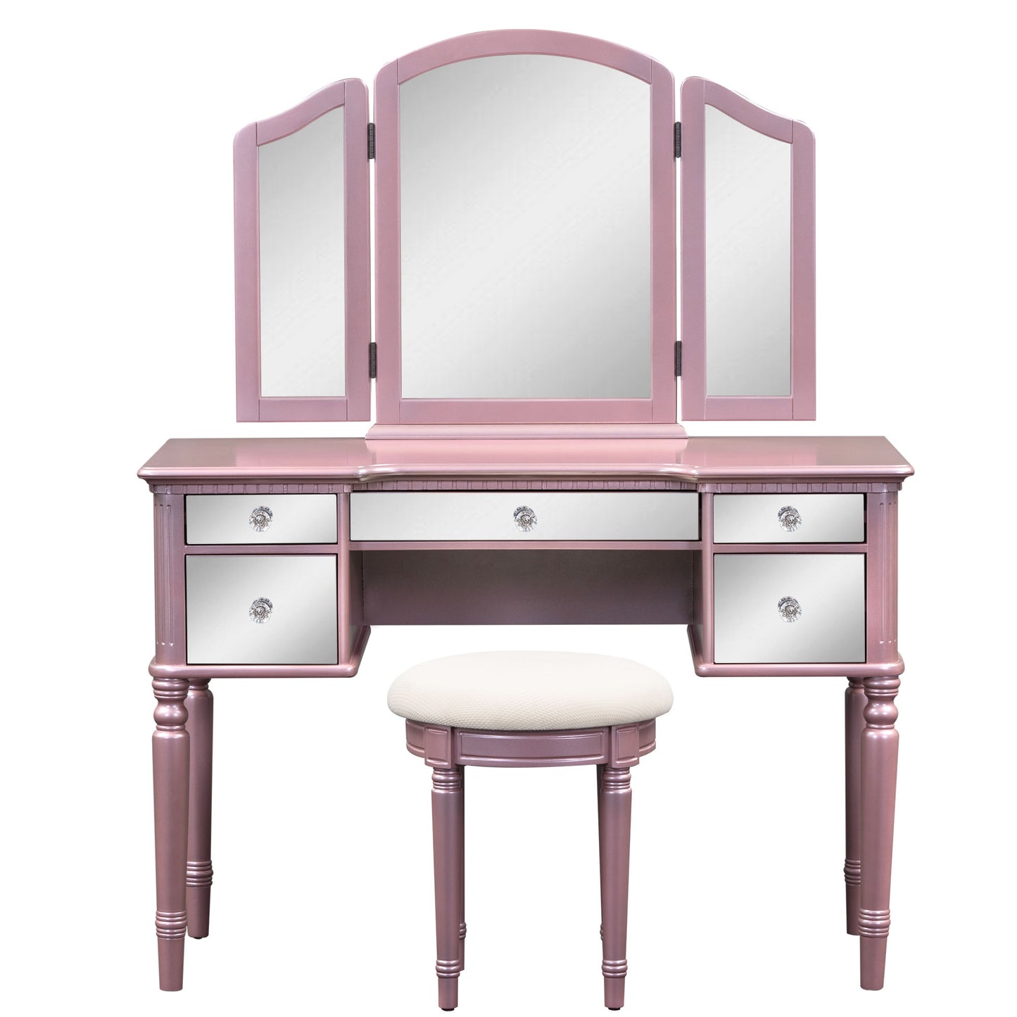 Melysen 43" Dressing Table Set with Mirrored Drawers and Stool, Tri-fold Mirror, Makeup Vanity Set for Bedroom, Rose Gold