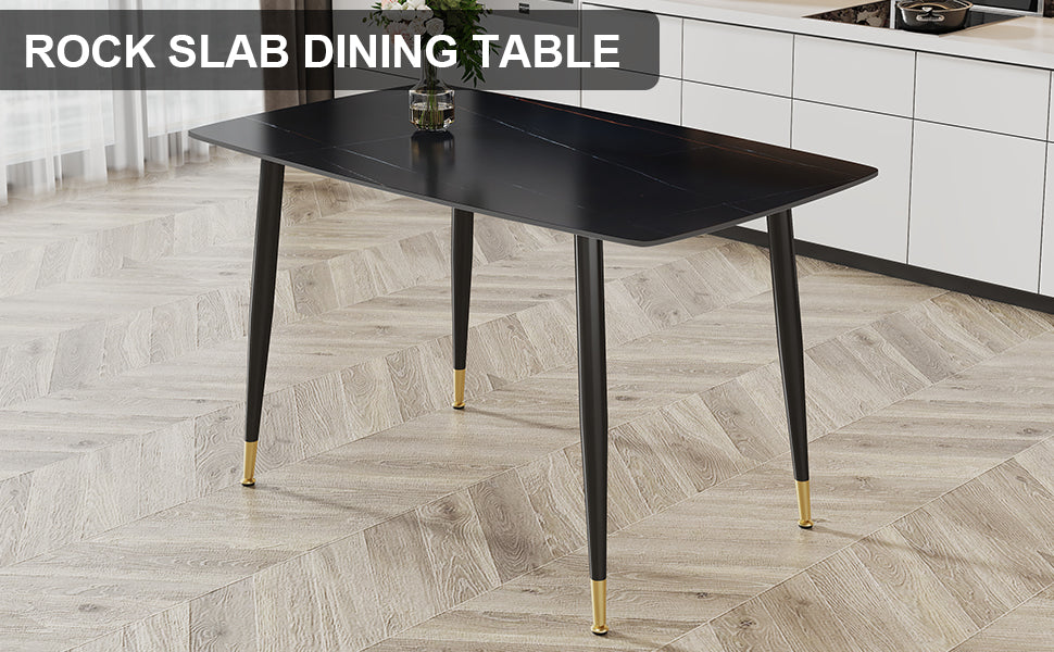 Melysen Modern Minimalist Dining Table. Black Sintered Stone Tabletop with Golden Stripe Pattern, Black Metal Legs