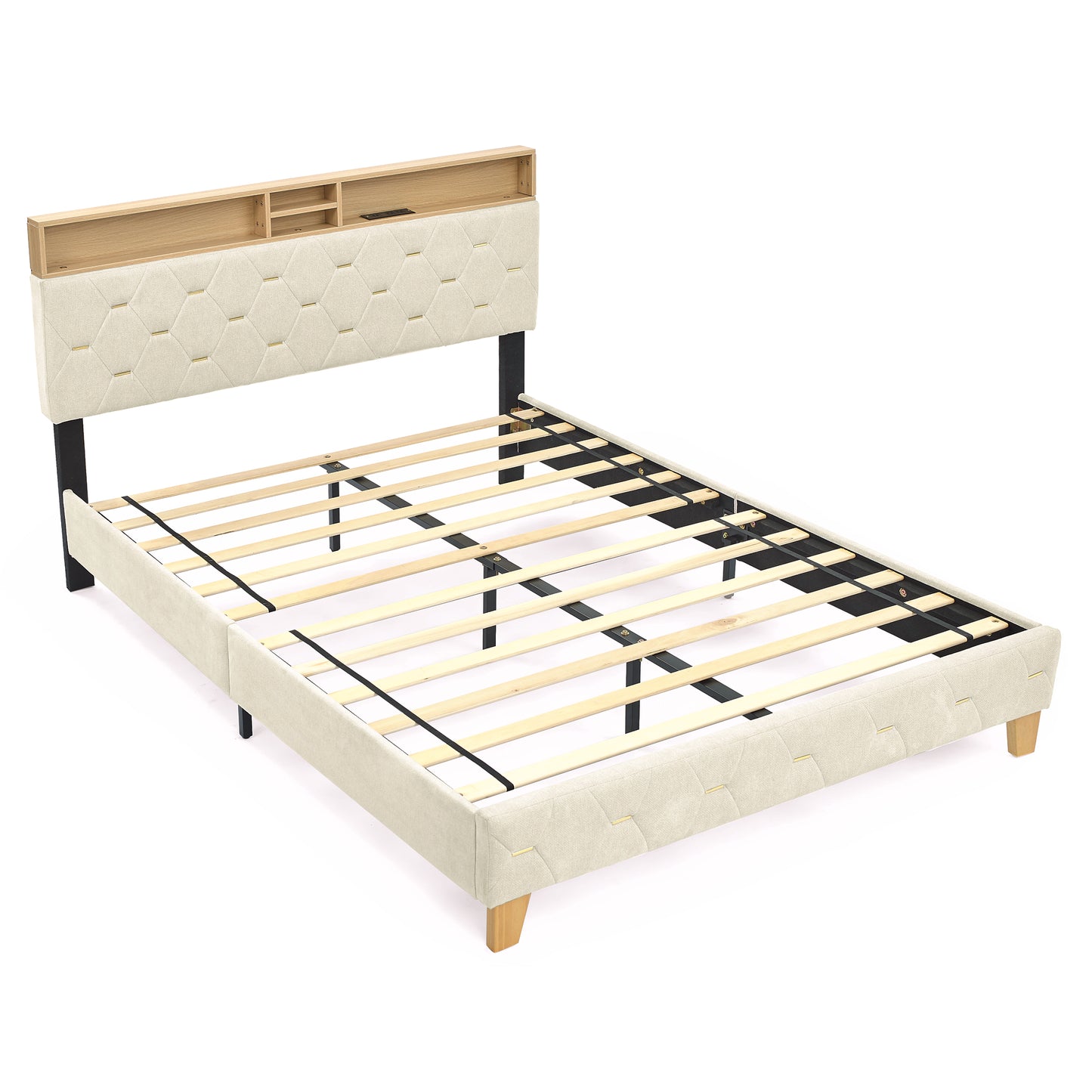 Melysen Queen Size Bed Frame, Shelf Upholstered Headboard, Platform Bed with Outlet & USB Ports, Wood Legsin