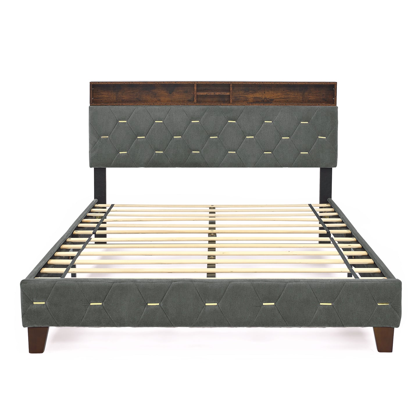 Melysen Queen Size Bed Frame, Shelf Upholstered Headboard, Platform Bed with Outlet & USB Ports, Wood Legsin