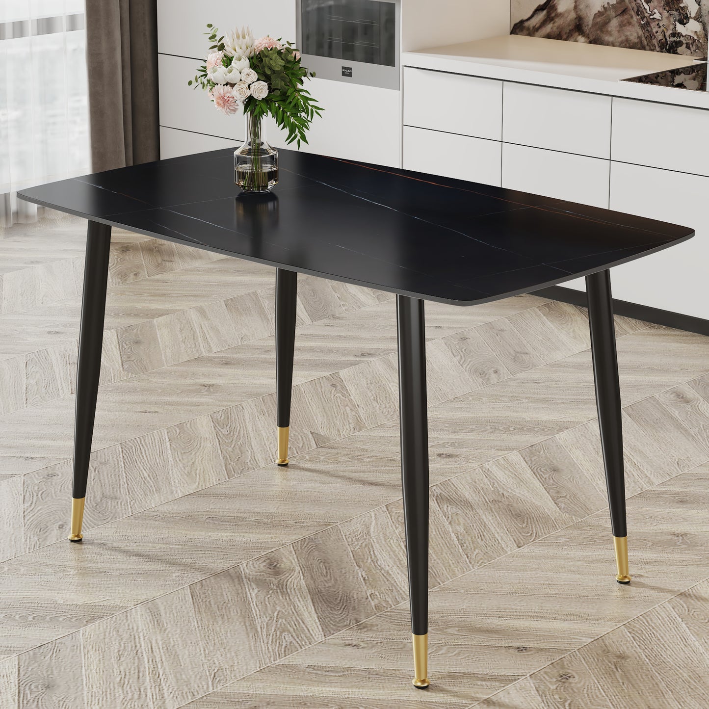 Melysen Modern Minimalist Dining Table. Black Sintered Stone Tabletop with Golden Stripe Pattern, Black Metal Legs