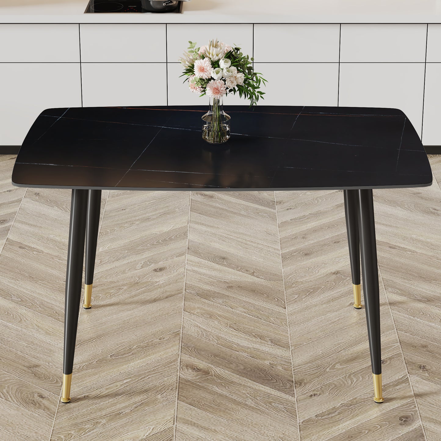 Melysen Modern Minimalist Dining Table. Black Sintered Stone Tabletop with Golden Stripe Pattern, Black Metal Legs