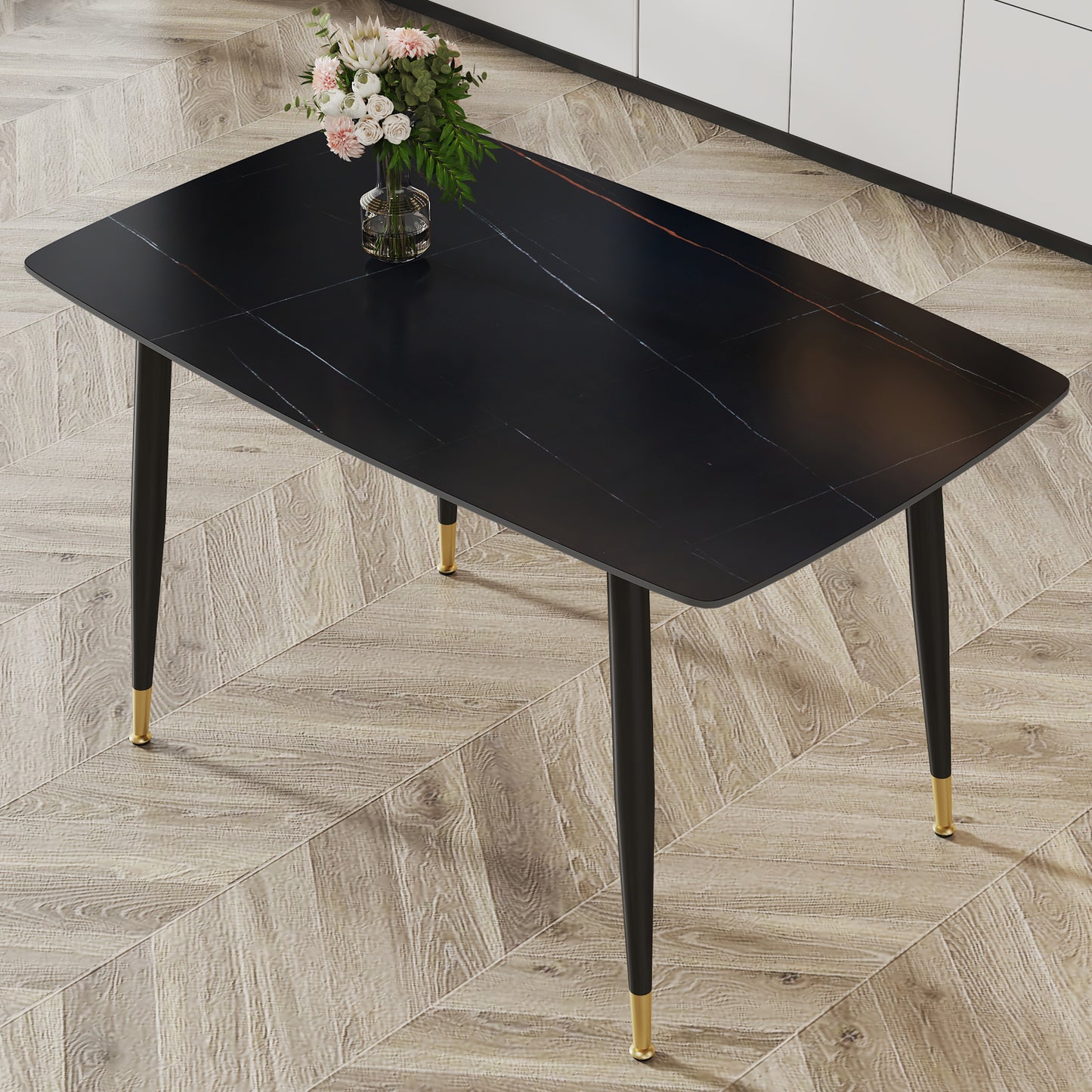 Melysen Modern Minimalist Dining Table. Black Sintered Stone Tabletop with Golden Stripe Pattern, Black Metal Legs