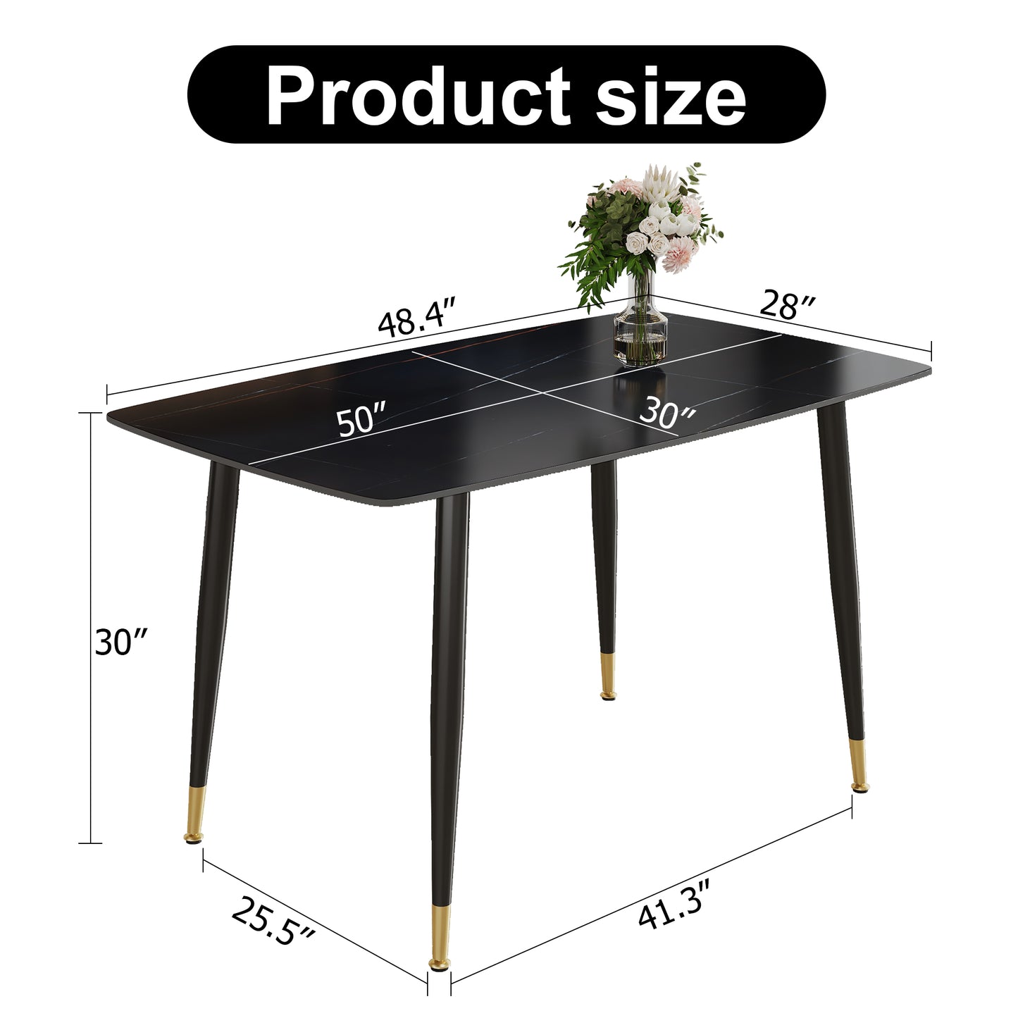 Melysen Modern Minimalist Dining Table. Black Sintered Stone Tabletop with Golden Stripe Pattern, Black Metal Legs