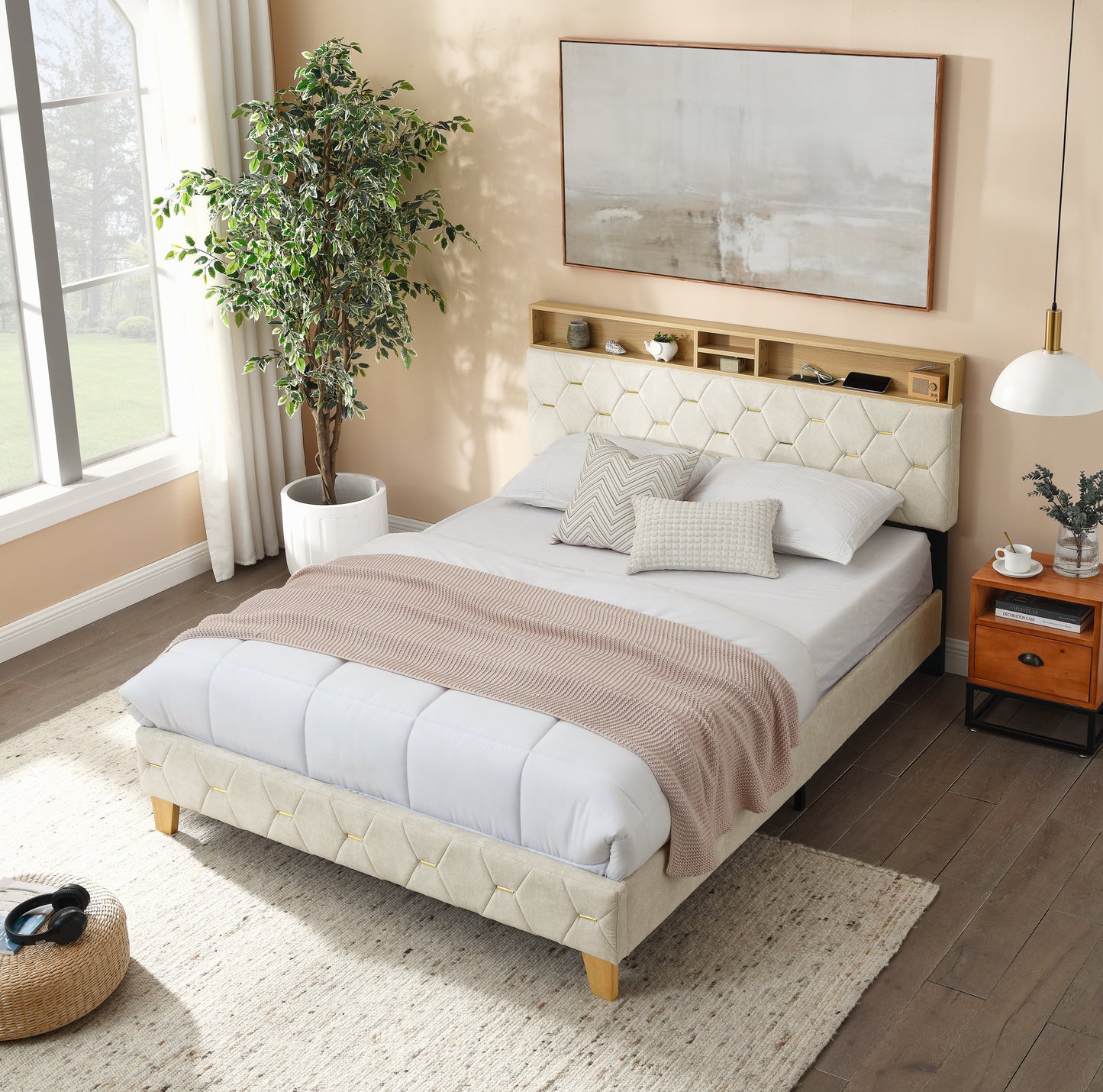 Melysen Queen Size Bed Frame, Shelf Upholstered Headboard, Platform Bed with Outlet & USB Ports, Wood Legsin