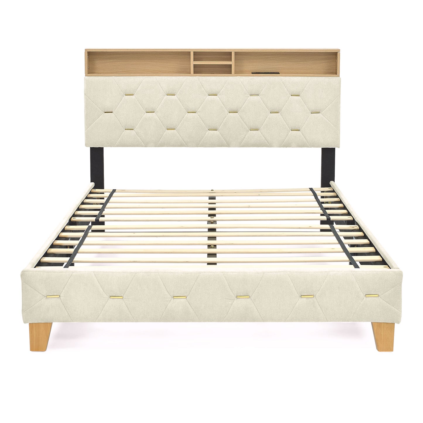 Melysen Queen Size Bed Frame, Shelf Upholstered Headboard, Platform Bed with Outlet & USB Ports, Wood Legsin