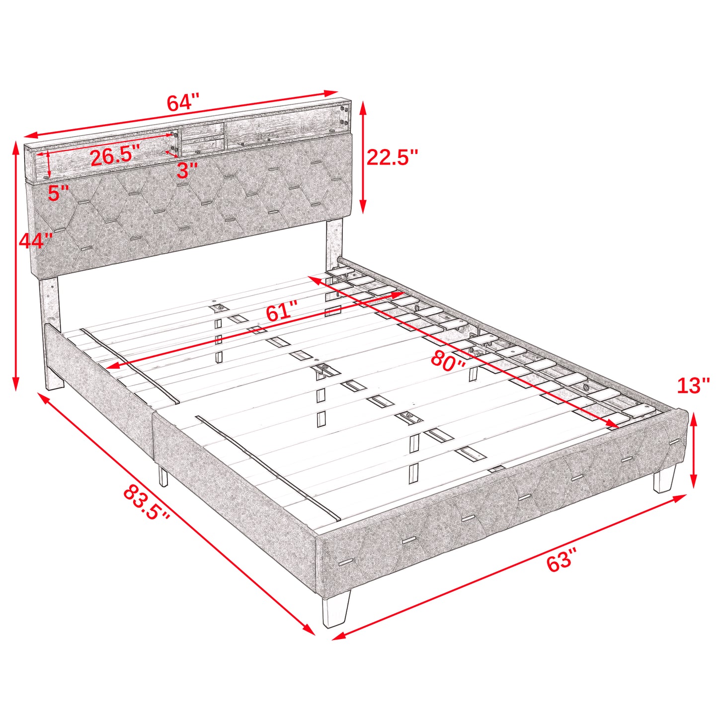 Melysen Queen Size Bed Frame, Shelf Upholstered Headboard, Platform Bed with Outlet & USB Ports, Wood Legsin