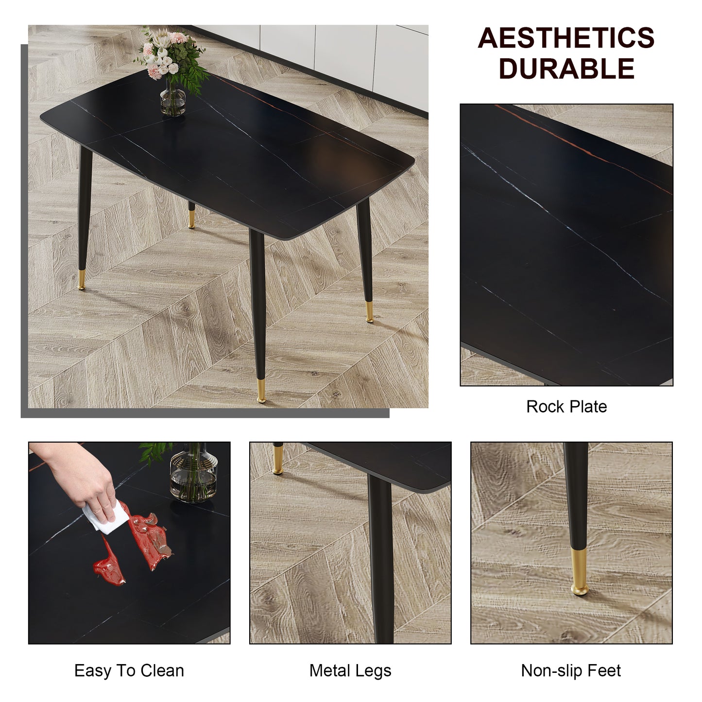 Melysen Modern Minimalist Dining Table. Black Sintered Stone Tabletop with Golden Stripe Pattern, Black Metal Legs