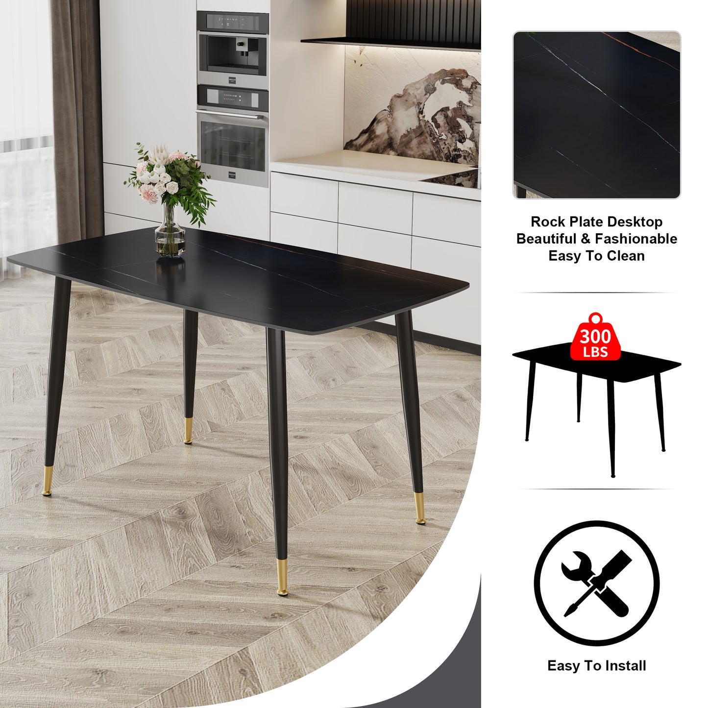 Melysen Modern Minimalist Dining Table. Black Sintered Stone Tabletop with Golden Stripe Pattern, Black Metal Legs