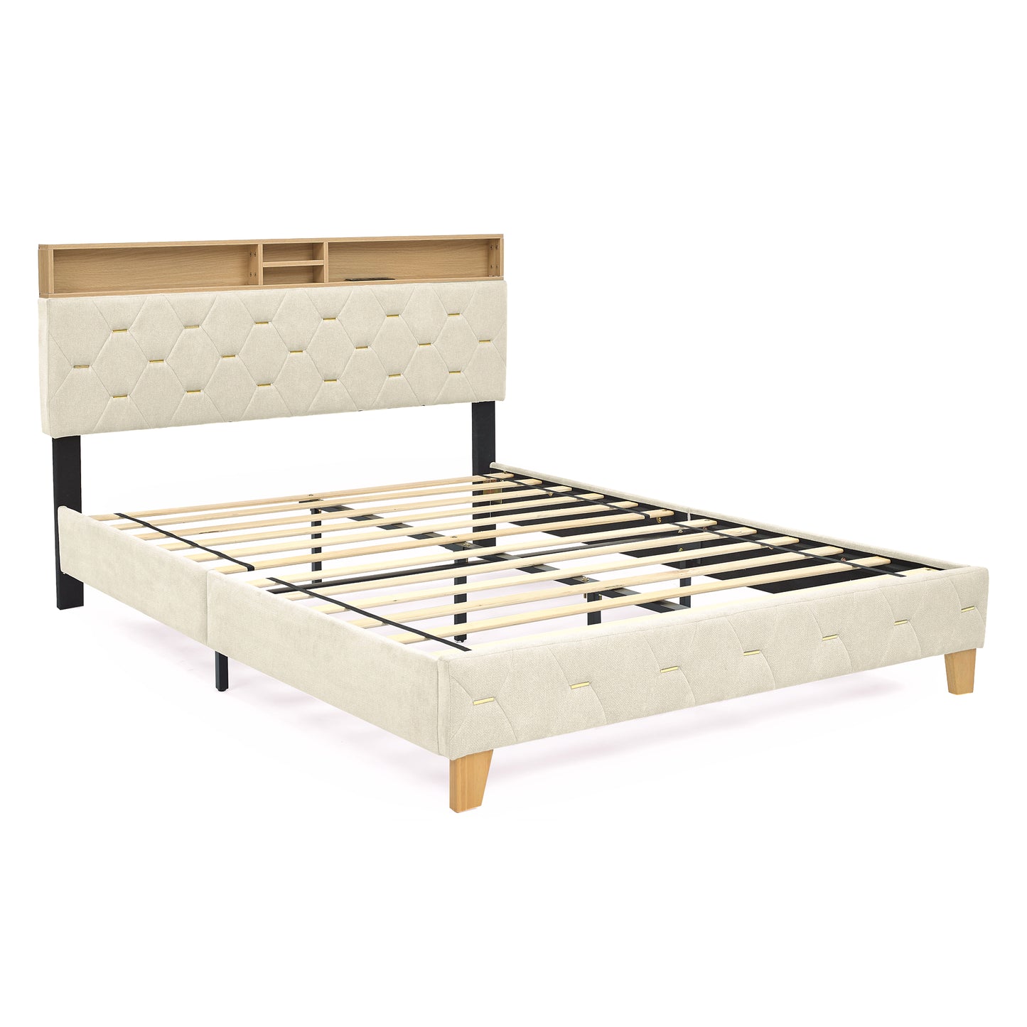 Melysen Queen Size Bed Frame, Shelf Upholstered Headboard, Platform Bed with Outlet & USB Ports, Wood Legsin