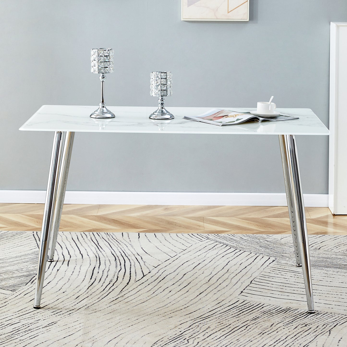 Melysen Modern Minimalist Rectangular White Imitation Marble Dining Table, 0.3 Inch Thick, Silver Metal Legs