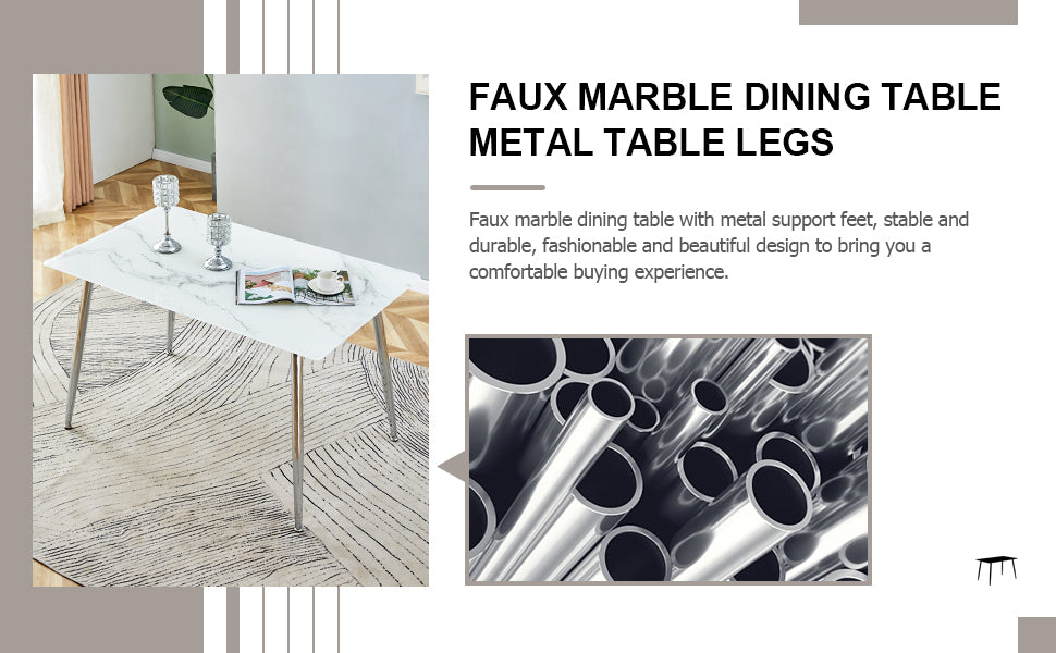 Melysen Modern Minimalist Rectangular White Imitation Marble Dining Table, 0.3 Inch Thick, Silver Metal Legs