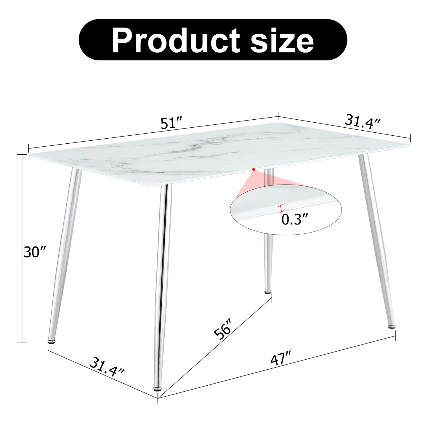 Melysen Modern Minimalist Rectangular White Imitation Marble Dining Table, 0.3 Inch Thick, Silver Metal Legs