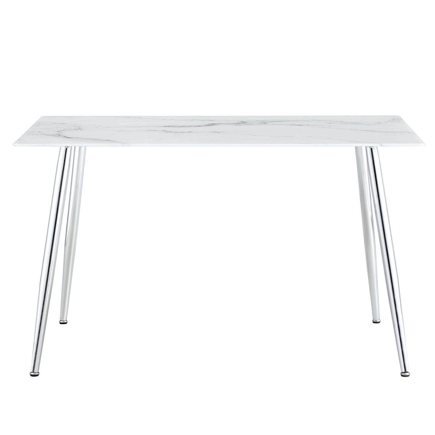 Melysen Modern Minimalist Rectangular White Imitation Marble Dining Table, 0.3 Inch Thick, Silver Metal Legs