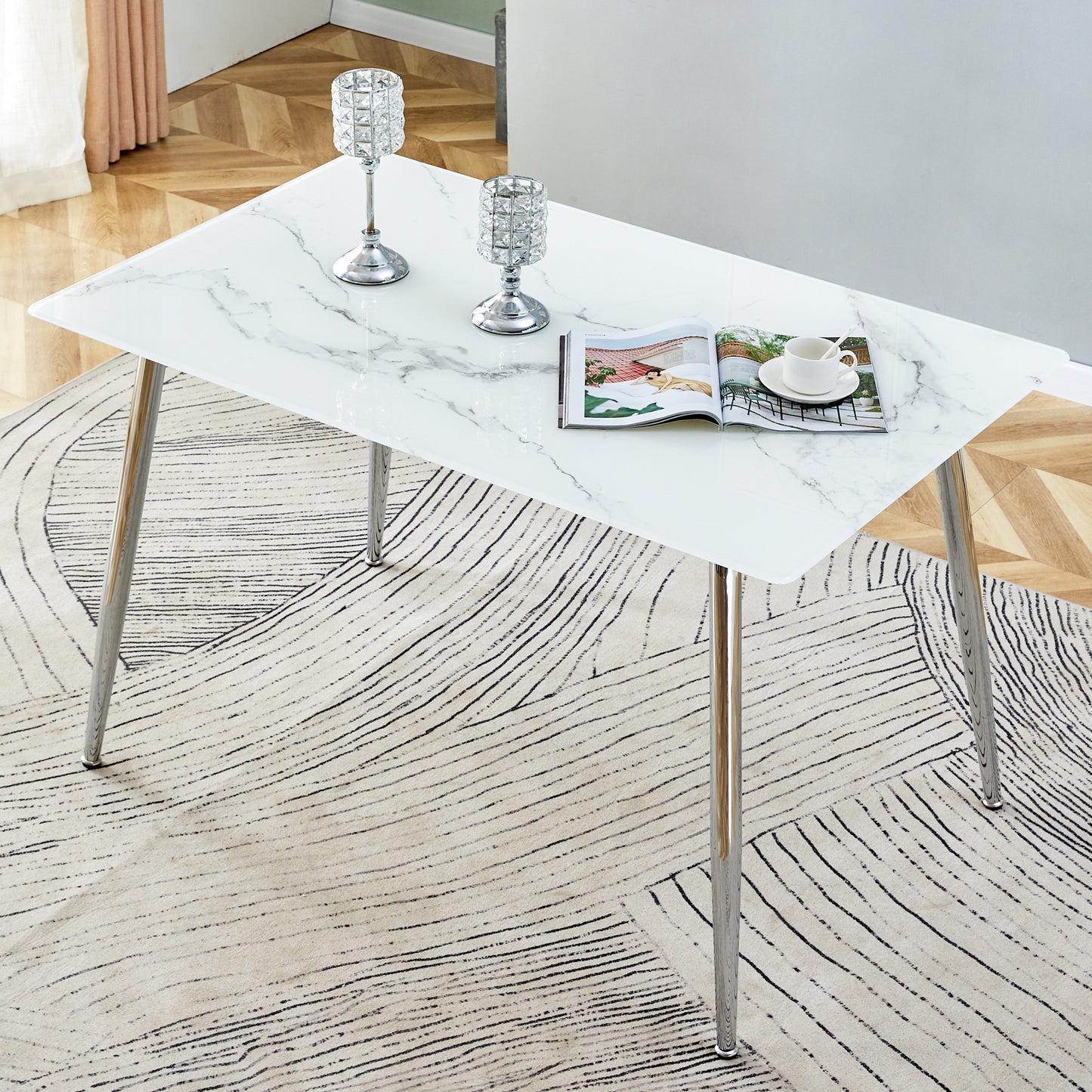 Melysen Modern Minimalist Rectangular White Imitation Marble Dining Table, 0.3 Inch Thick, Silver Metal Legs