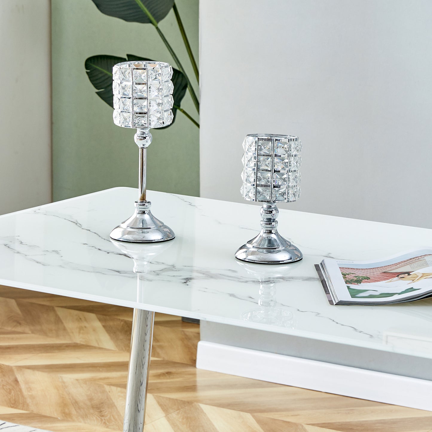 Melysen Modern Minimalist Rectangular White Imitation Marble Dining Table, 0.3 Inch Thick, Silver Metal Legs