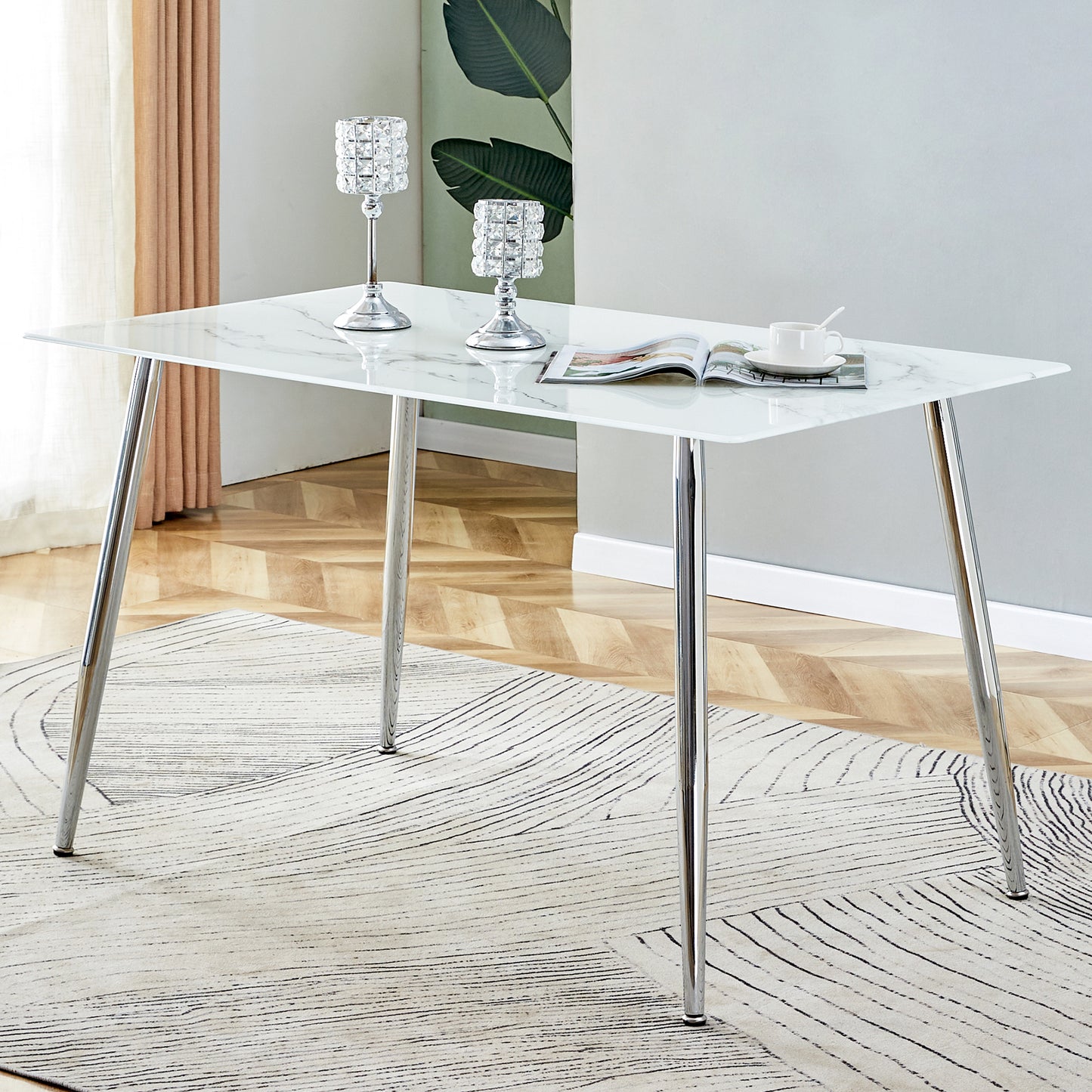 Melysen Modern Minimalist Rectangular White Imitation Marble Dining Table, 0.3 Inch Thick, Silver Metal Legs