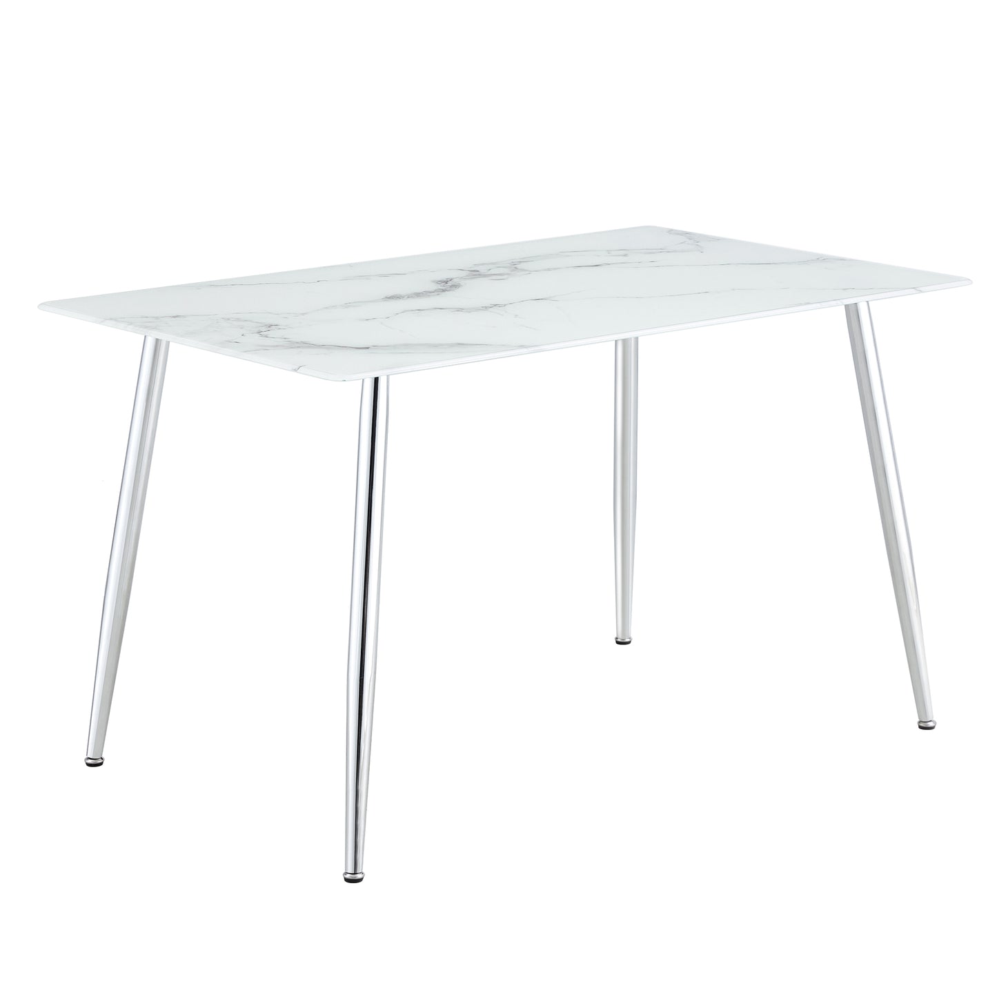 Melysen Modern Minimalist Rectangular White Imitation Marble Dining Table, 0.3 Inch Thick, Silver Metal Legs