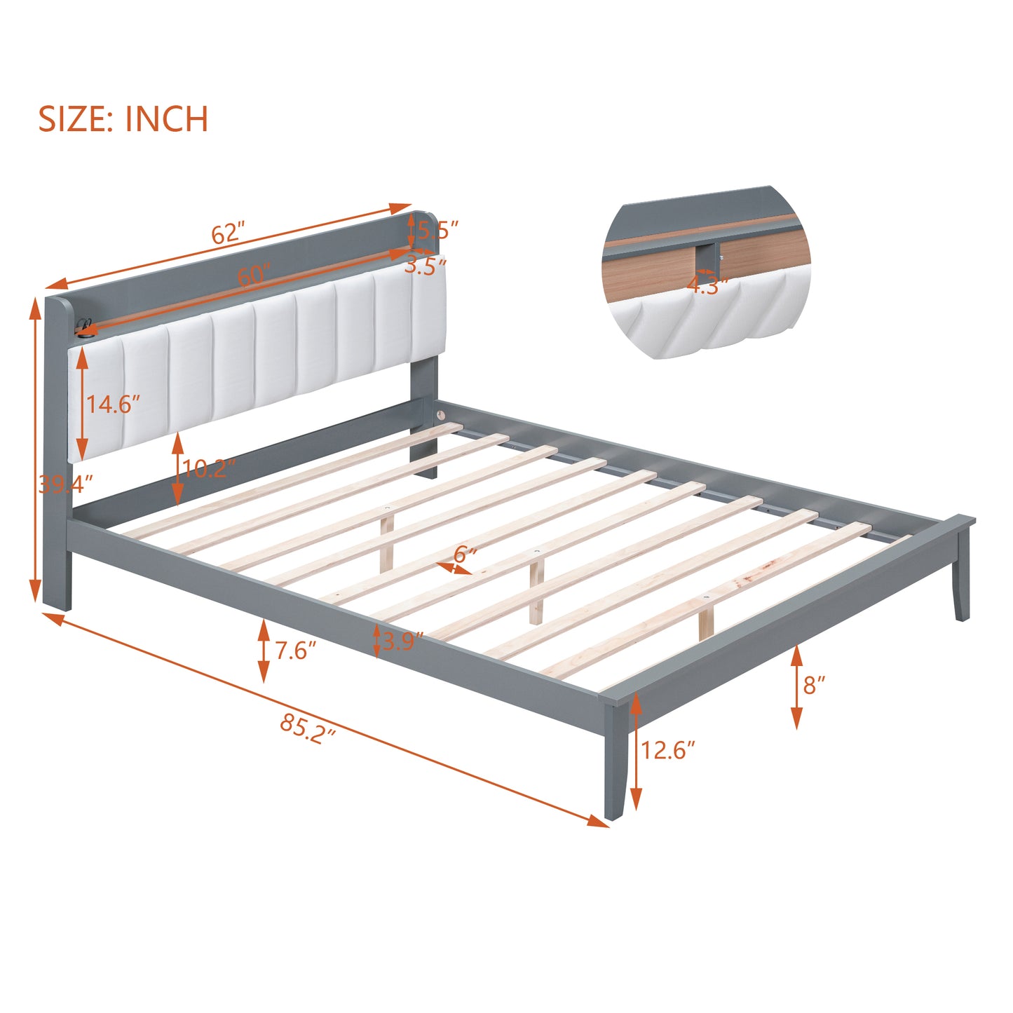 Melysen Queen size Platform Bed with USB Charging Station and Storage Upholstered Headboard,LED Bed Frame,No Box Spring Needed,Gray+White