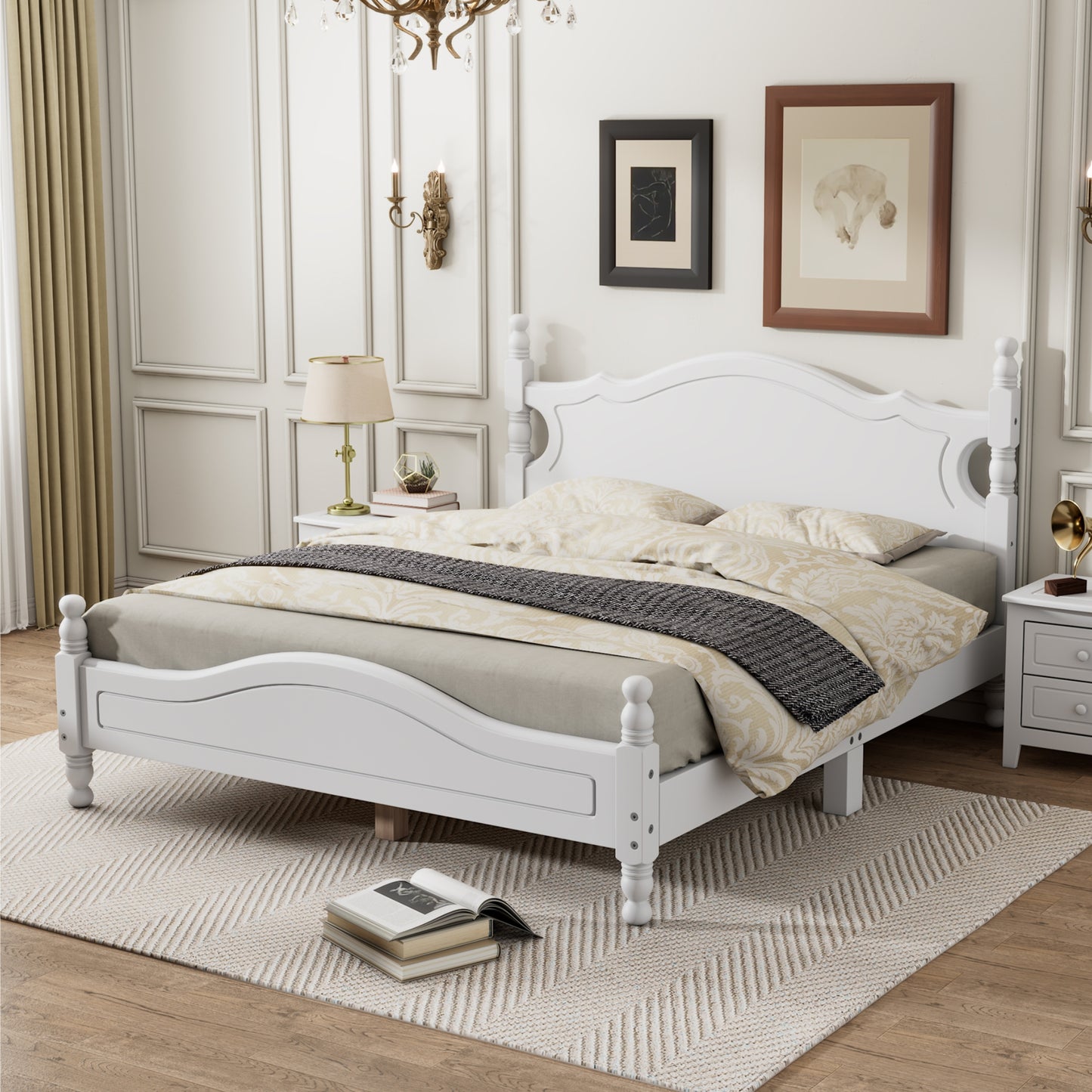 Melysen Queen Size Wood Platform Bed Frame,Retro Style Platform Bed with Wooden Slat Support