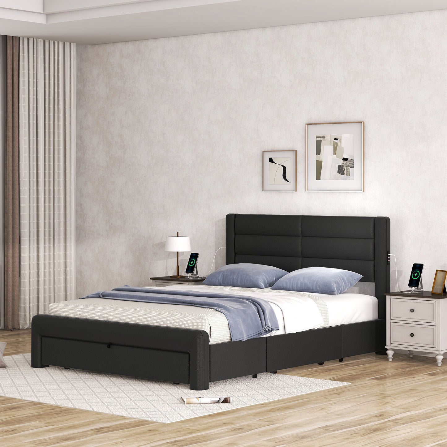 Melysen Queen Size Bed Frame with Drawers Storage, Leather Upholstered Platform Bed with Charging Station, Black