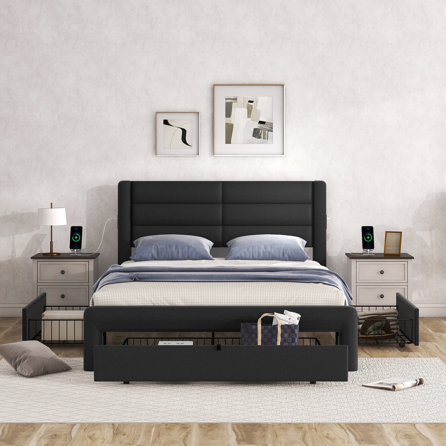 Melysen Queen Size Bed Frame with Drawers Storage, Leather Upholstered Platform Bed with Charging Station, Black