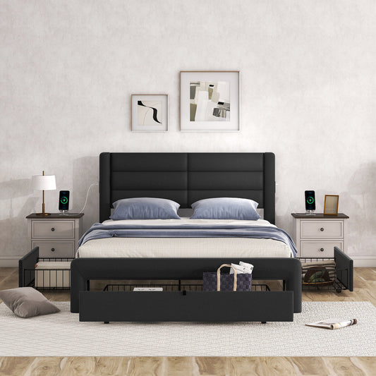 Melysen Queen Size Bed Frame with Drawers Storage, Leather Upholstered Platform Bed with Charging Station, Black