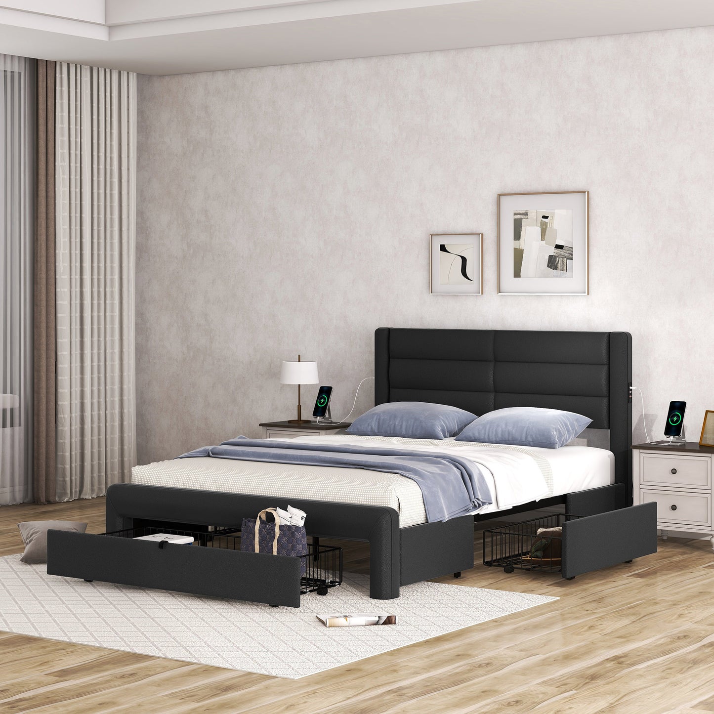 Melysen Queen Size Bed Frame with Drawers Storage, Leather Upholstered Platform Bed with Charging Station, Black