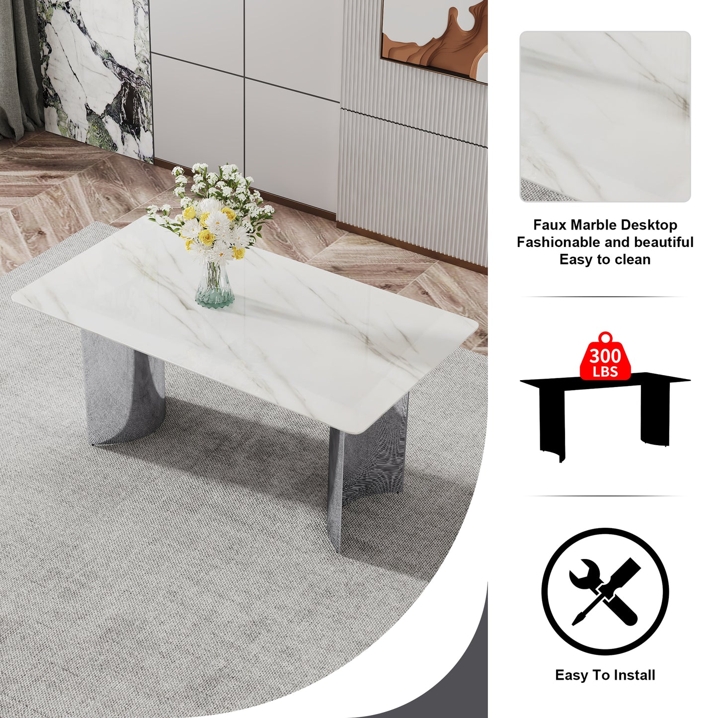 Melysen Modern Minimalist Dining Table. White Imitation Marble Glass Sticker Desktop, Stainless Steel Legs