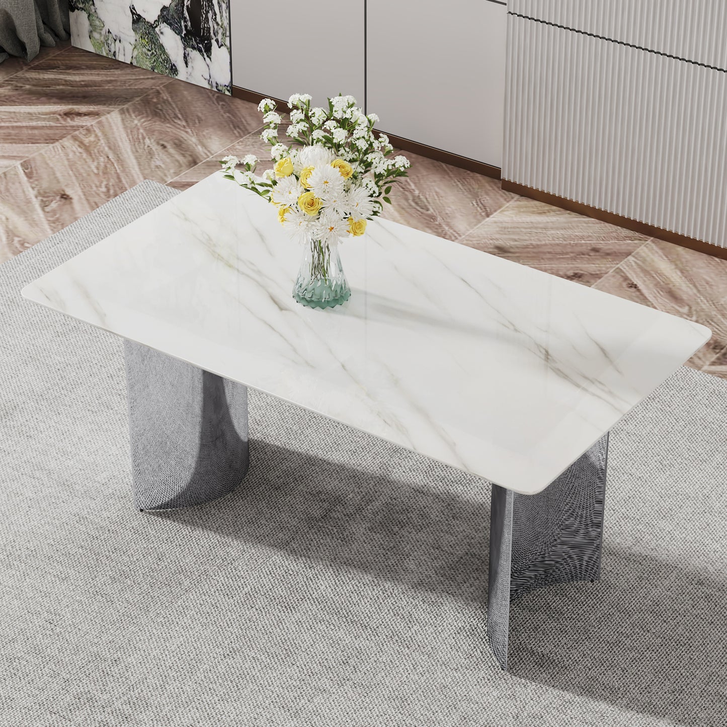 Melysen Modern Minimalist Dining Table. White Imitation Marble Glass Sticker Desktop, Stainless Steel Legs