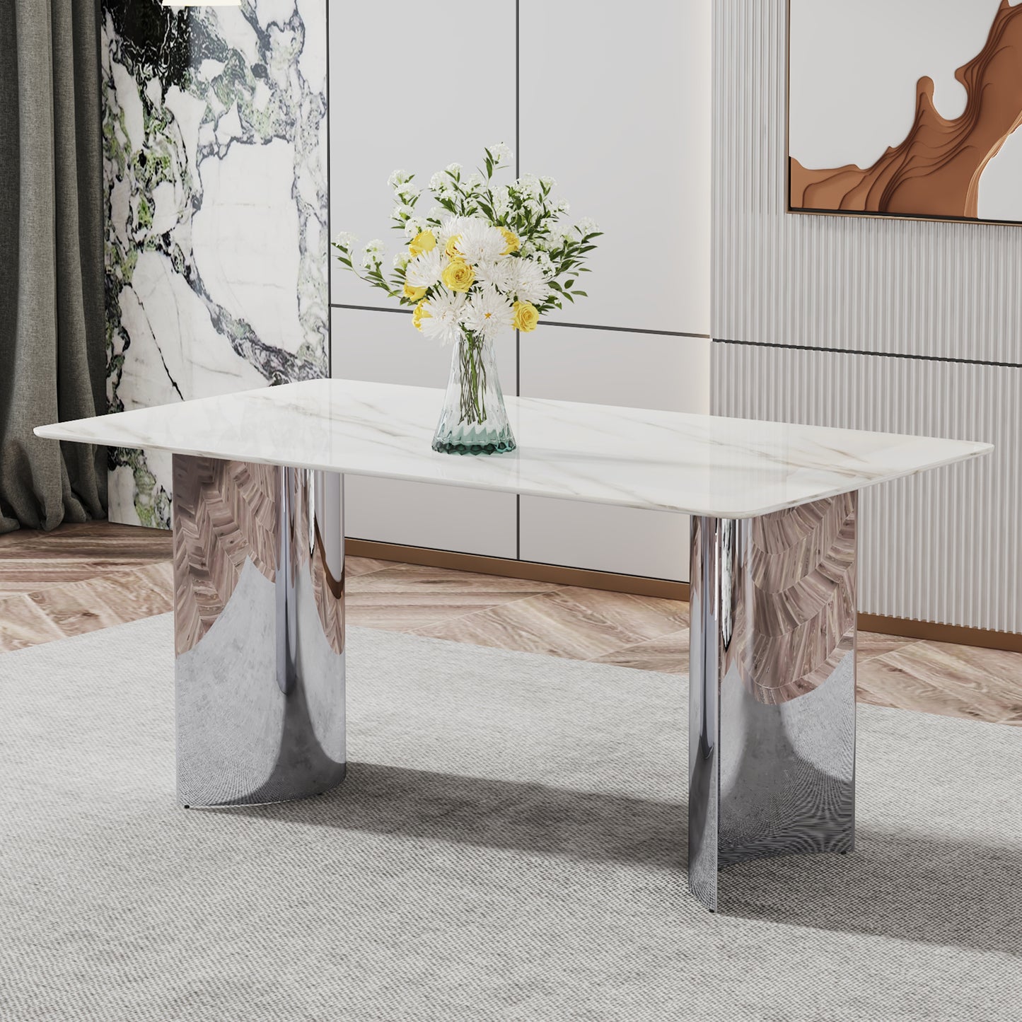 Melysen Modern Minimalist Dining Table. White Imitation Marble Glass Sticker Desktop, Stainless Steel Legs