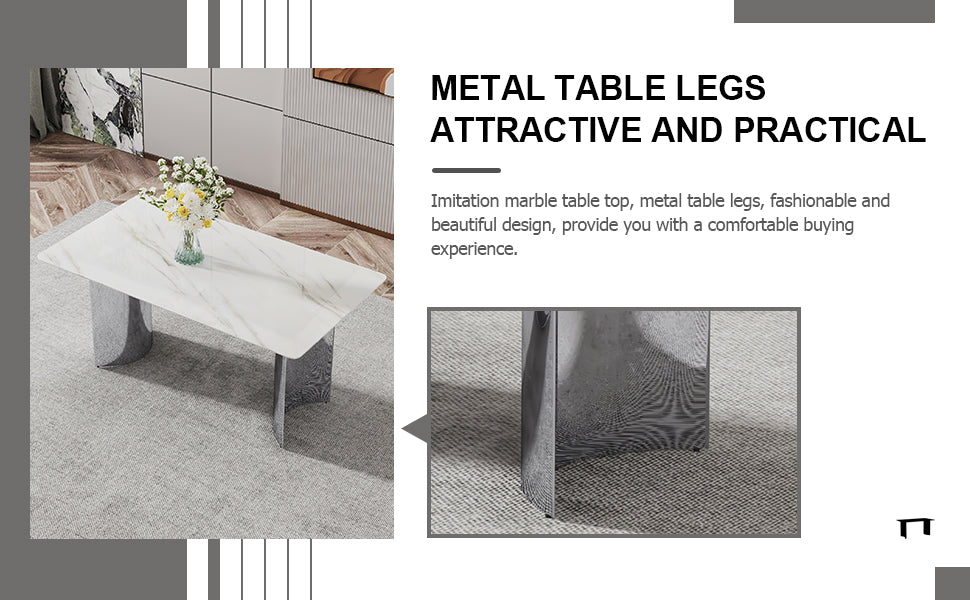 Melysen Modern Minimalist Dining Table. White Imitation Marble Glass Sticker Desktop, Stainless Steel Legs