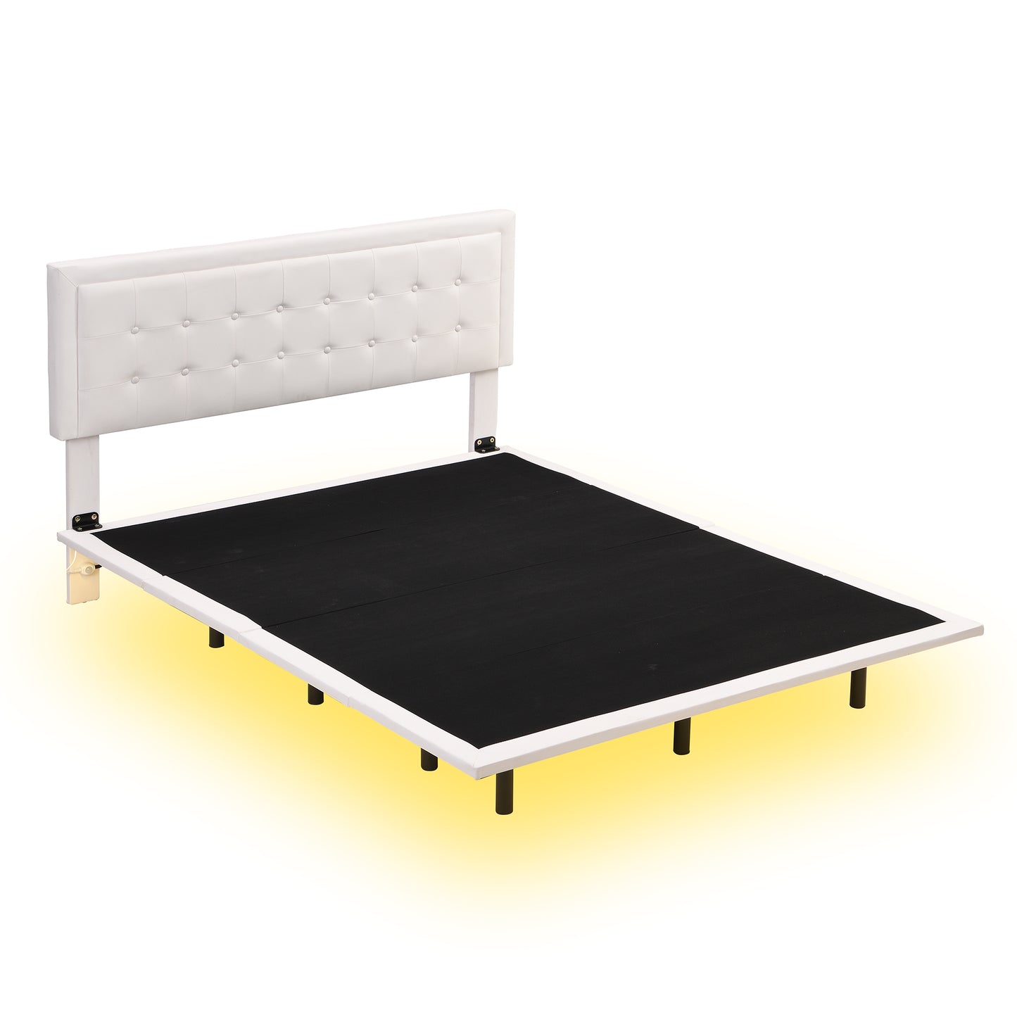 Melysen Queen Size Floating Bed Frame with Motion Activated Night Lights,Modern PU Upholstered Button Tufted Platform Bed Frame,White