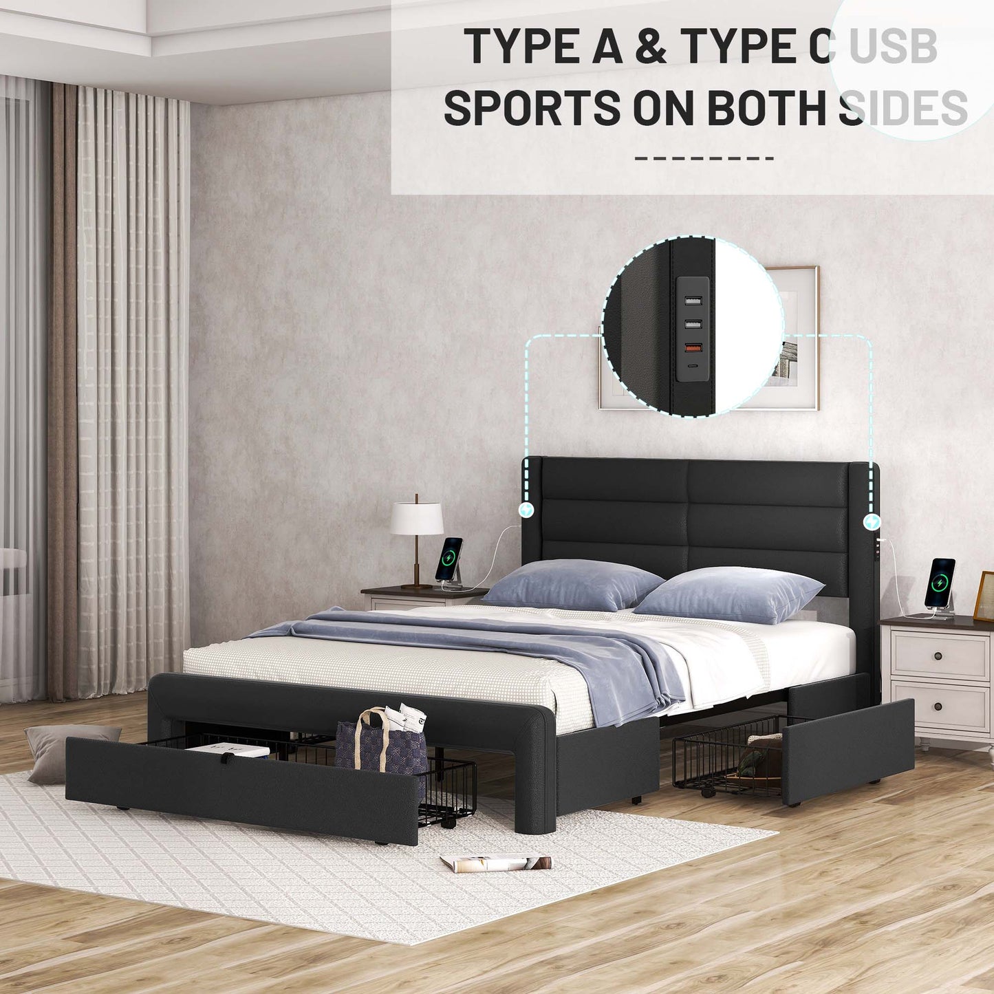 Melysen Queen Size Bed Frame with Drawers Storage, Leather Upholstered Platform Bed with Charging Station, Black