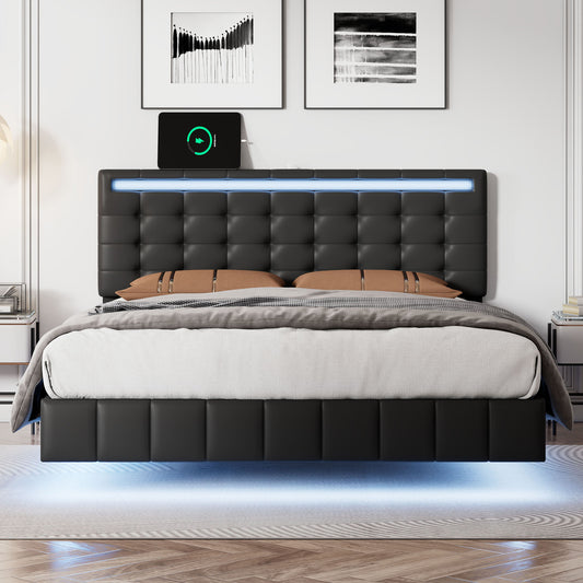 Melysen Full Size Floating Bed Frame with LED Lights and USB Charging,Modern Upholstered Platform LED Bed Frame