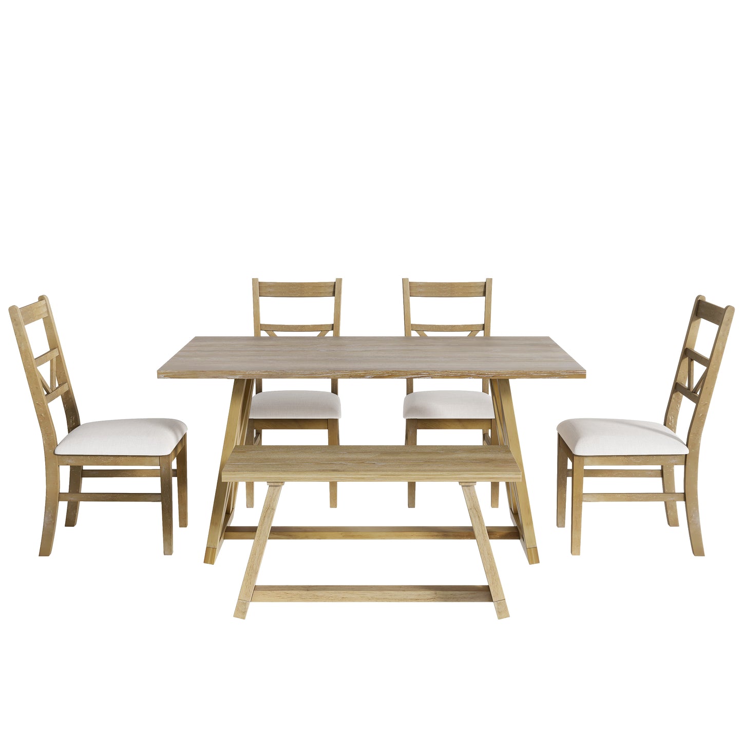 Melysen Farmhouse 6-Piece Dining Table Set with Cross Legs, Kitchen Set with 4 Upholstered Dining Chairs and Solid Wood Bench,Natural