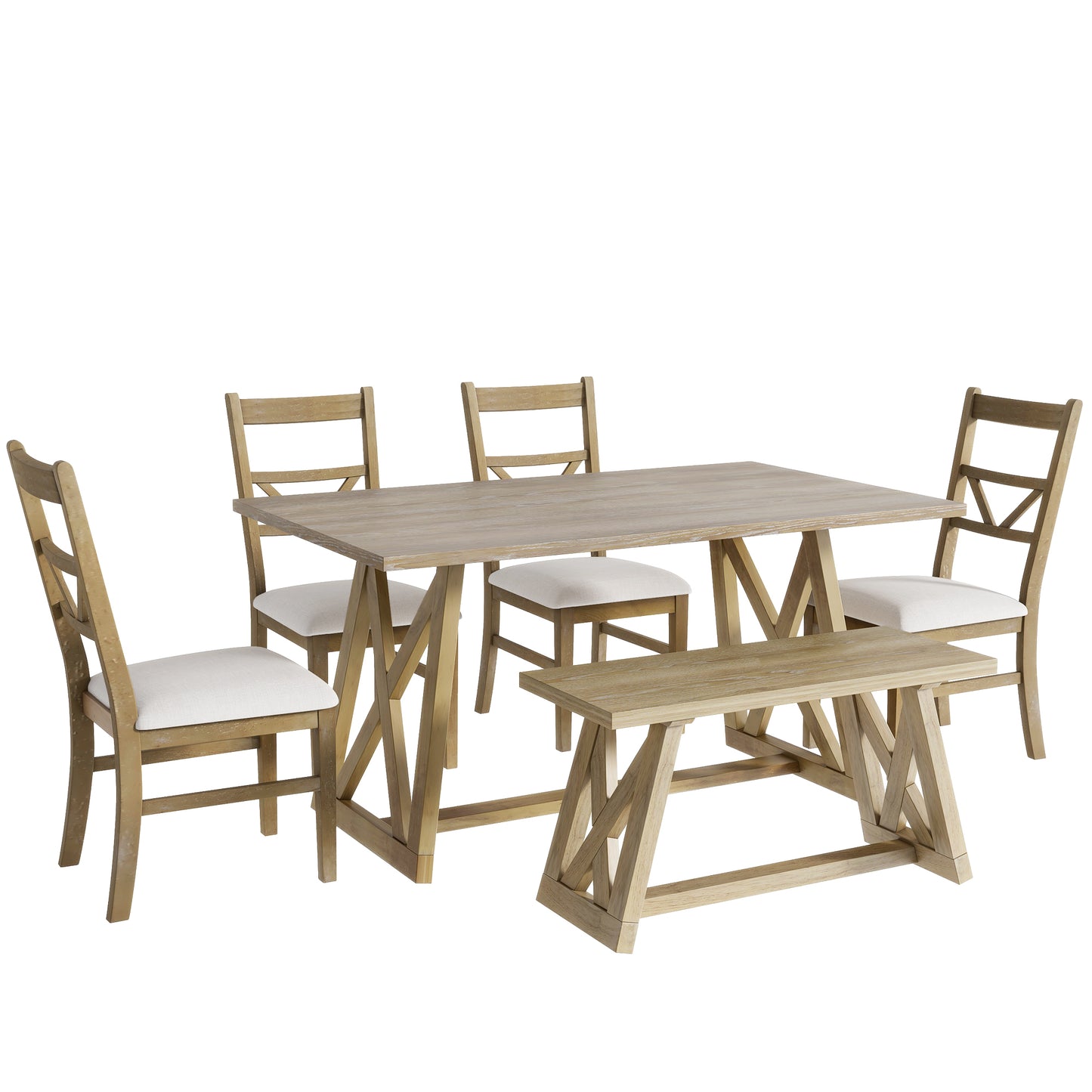 Melysen Farmhouse 6-Piece Dining Table Set with Cross Legs, Kitchen Set with 4 Upholstered Dining Chairs and Solid Wood Bench,Natural